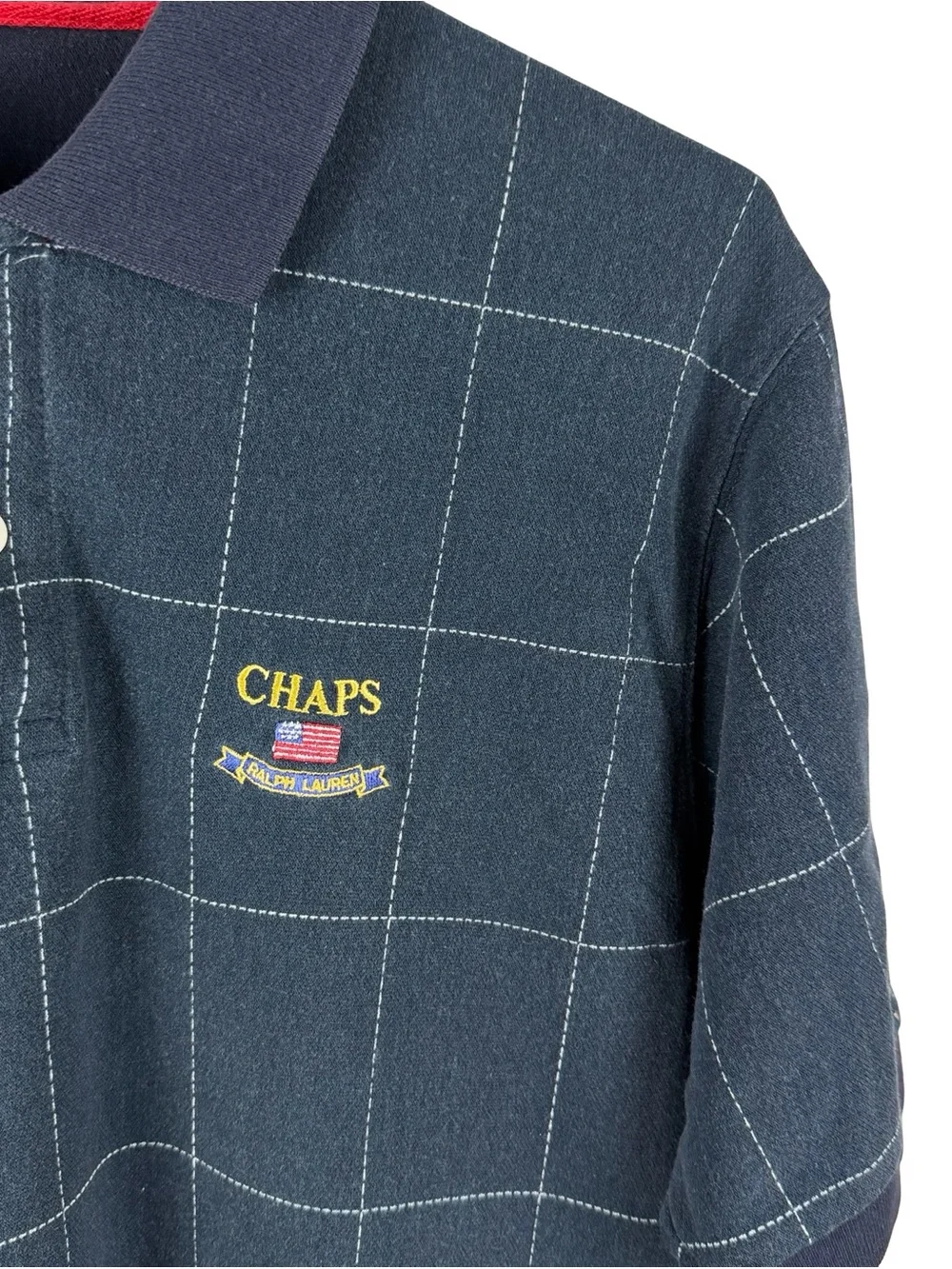 Vintage 90s Chaps Ralph Lauren Embroidered Checkered Blue Polo Shirt Size L